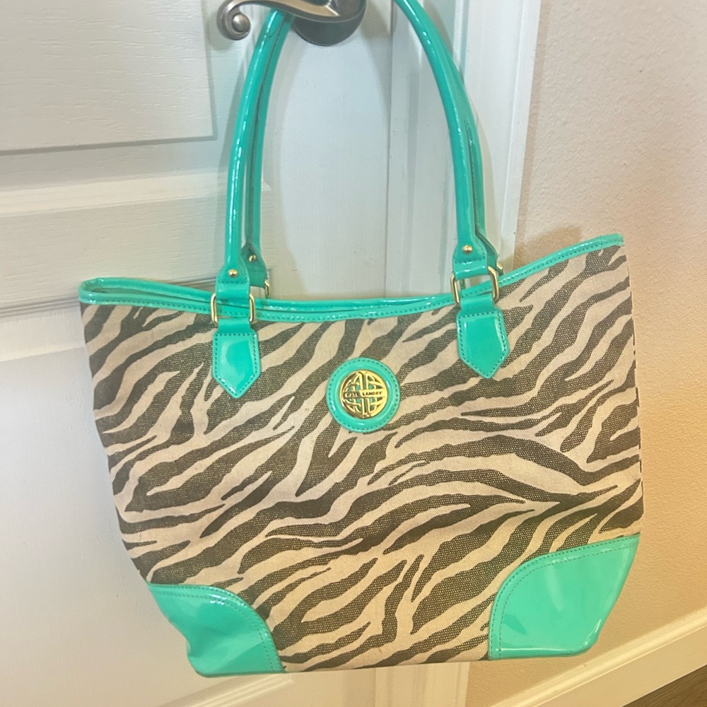 Kate Landry Zebra Print Tote Bag with Teal Trim